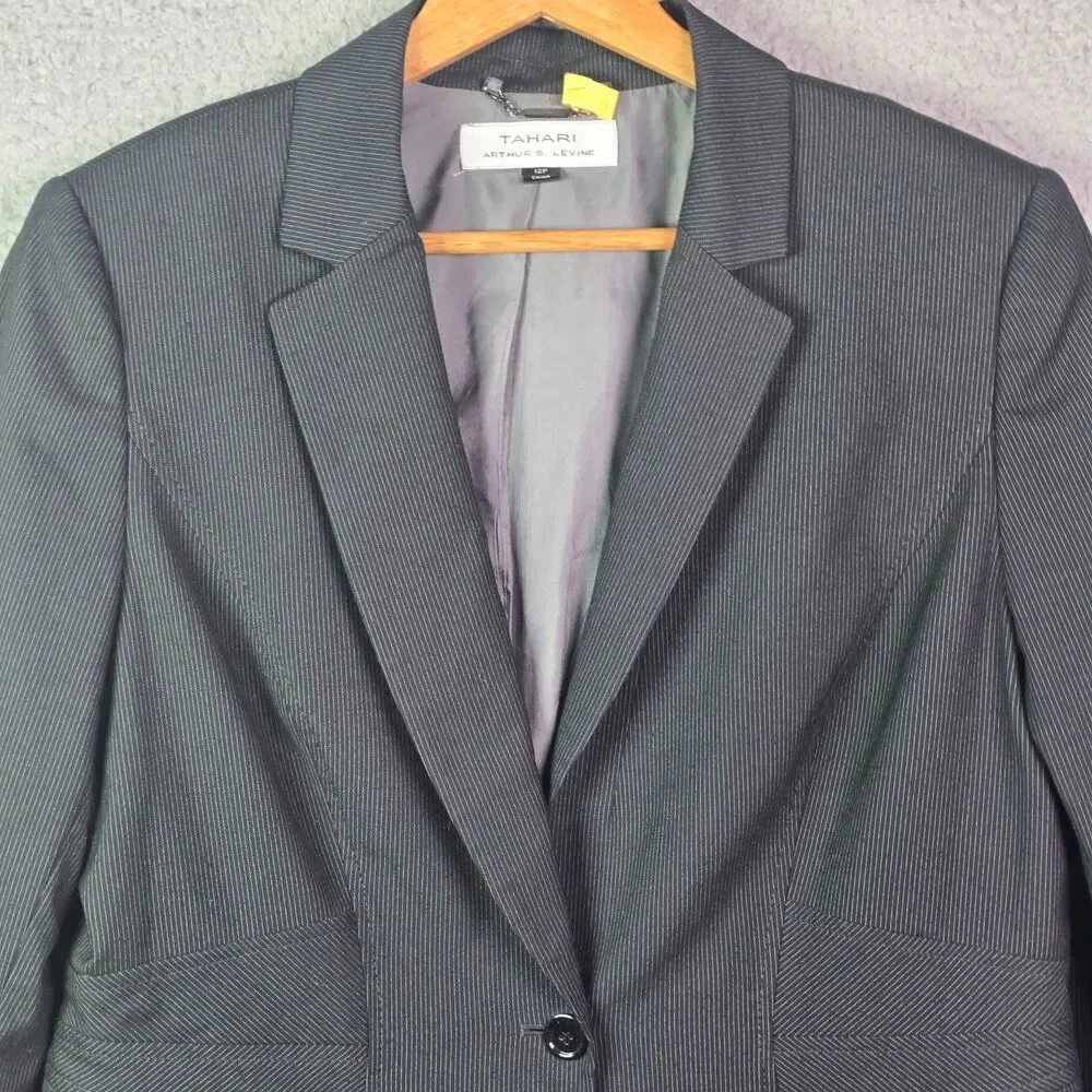 Tahari ASL Blazer Black Gray Pinstripe 12P Structured Career Petite